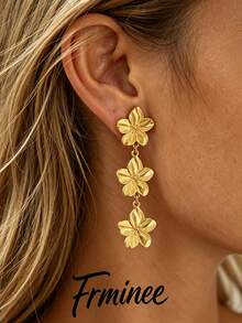 Frminee 1 Pair Summer Vintage Floral Fashion 18K Gold Stainless Steel Earrings, Bohemian Style, Suitable For Daily Wear And Vacation, Women's Fashion Western Jewelry, Holiday Gift - Five-petaled Flower - View 4