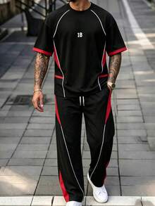 Men's Black & Red Colorblock Number 18 Print Casual Short Sleeve Shirt & Wide Leg Pants Set - Multicolor - View 1