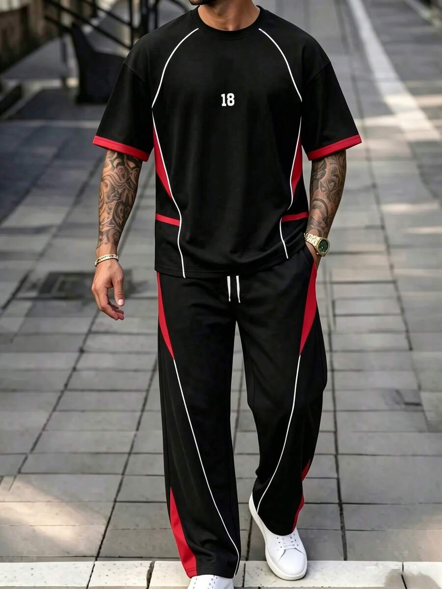 Men's Black & Red Colorblock Number 18 Print Casual Short Sleeve Shirt & Wide Leg Pants Set - Multicolor - View 1
