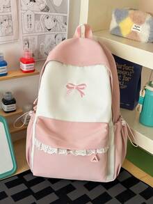 1pc Girls Colorblock Bow Nylon Zipper Closure Sweet Backpack Student School Bag Suitable For All Seasons Daily Use Without Pendant - A - View 10