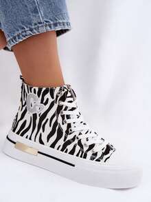 Zapatillas deportivas elegantes para mujer con plataforma gruesa de cebra y un parche dorado y blanco - Blanco - Ver 8