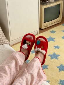 XIXITIAO Cute Color-Block Chef Puppy Plush Soft-Soled Home Slippers, Comfortable Slippers With Color-Block Checkered Polka-Dot Sole, Ideal For Home & Parties - Red - View 4