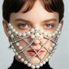 Fashionable 2026 Multi-Layer Pearl Mesh Mask, Exaggerated Rhinestone Mask For Music Festivals And Night Parties - Silver - View 5