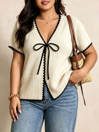 Plus Size Women's Knit V-Neck Short Sleeve Cardigan, Decorated With Bows, Regular Fit, Autumn Wardrobe Essential