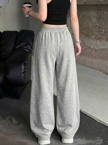 ZZG 春夏女款趣味「Casual Cat」印花街頭風淺灰色前口袋簡約日常寬鬆抽繩長褲，可機洗 - 灰色 - 查看 2