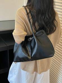 跨境歐美高端復古女款 2026 新款大容量托特包 通勤百褶單肩腋下包 - 黑色 - 查看 6