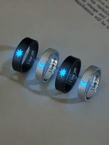 ATLVXJL 4pcs/Set Luminous Couple/Family/Friendship Stainless Steel Rings With Sun And Moon Elements, Glow-In-The-Dark Casual Jewelry Rings For Daily Wear And Holiday Gifts - Multicolor - View 4