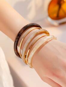 Set de 4 pulseras de mujer de estilo vintage de resina acrílica (color y patrón aleatorios) - Multicolor - Ver 43