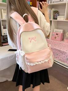 1pc Girls Colorblock Bow Nylon Zipper Closure Sweet Backpack Student School Bag Suitable For All Seasons Daily Use Without Pendant - A - View 3