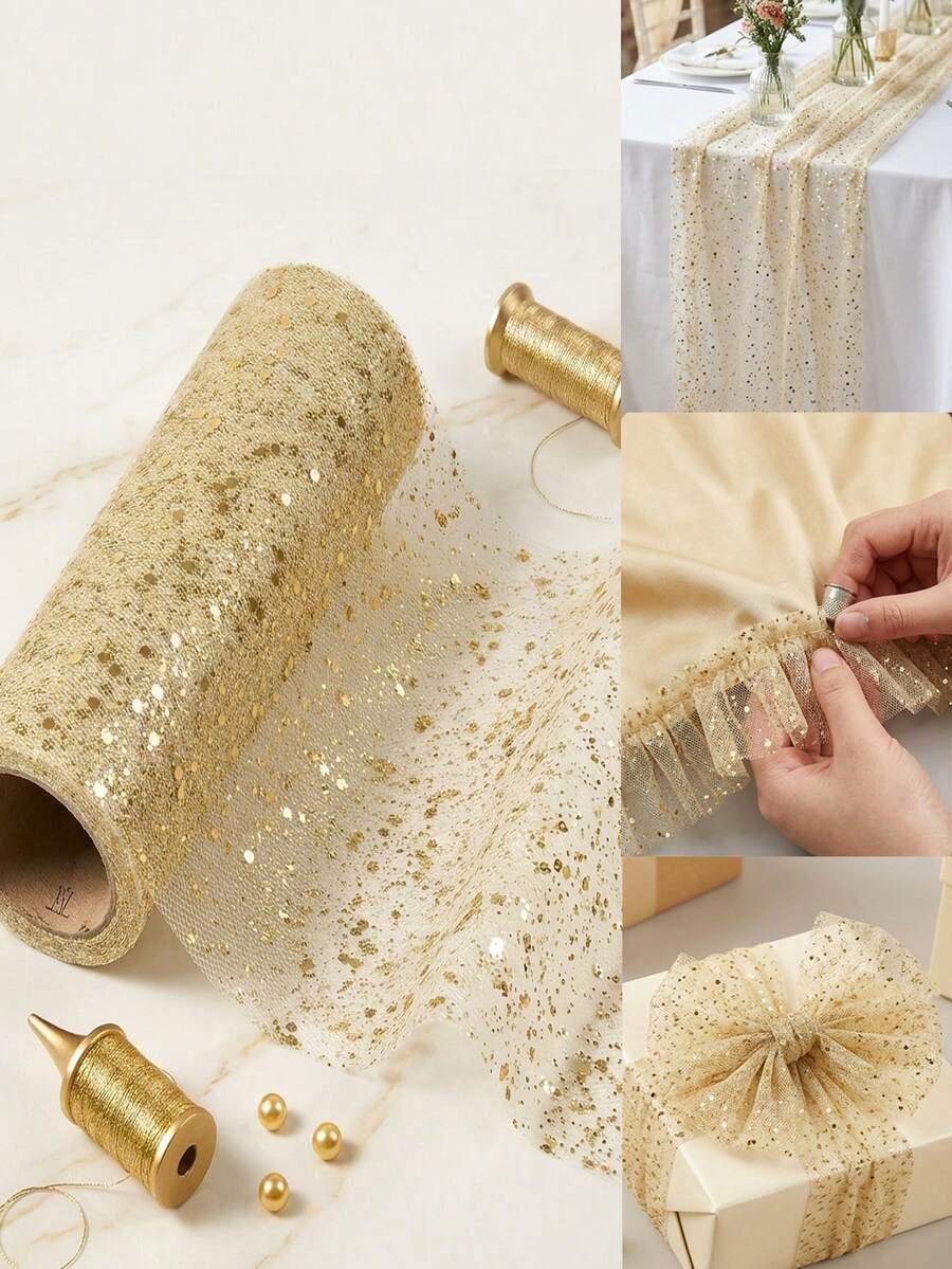 1捲 15cm/5cm寬迷你奶油白亮片薄紗捲，亮面薄紗緞帶，歐根紗透明薄紗捲，DIY手工，婚禮配件生日派對裝飾，宴會活動裝飾，婚禮椅DIY裝飾，派對裝飾，禮物包裝蝴蝶結緞帶