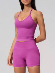 NcmRyu Conjunto deportivo de mujer de un solo color con espalda en Y, hebilla de metal ajustable, tirantes finos, shorts de cintura alta acanalados - Rojo violeta - Ver 7