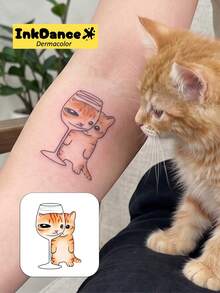 1 Set "Naughty Cat" Temporary Tattoo Stickers, Funny Expression Cute Kitten Fake Tattoos, Waterproof, Realistic Tattoo Effect, Colorful, InkDance, Ink Dance, Easy To Apply And Remove CSX051 - Multicolor - View 2