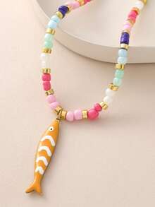 Fashionable Stainless Steel Colorful Small Fish Pendant Necklace Bohemian Style Colorful Pearl Collar Chain For Women - Multicolor - View 10