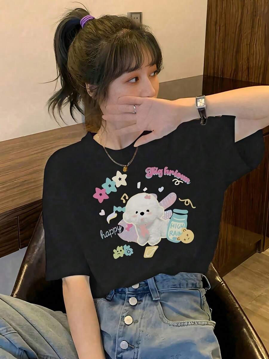 200g Pure Cotton Short-Sleeve T-Shirt, Women's Crew Neck Top With Pure Cotton Girl-Themed Print - Black - View 1