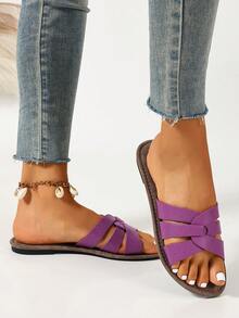 Ximi Ruo 韓式休閒平底穆勒涼鞋 女款 夏季戶外穿著 開趾編織羅馬風 新款春夏時尚法式女鞋 適合搭配裙裝、海灘、沙灘、室內公寓 棕色平底戶外穿著 - 紫色 - 查看 4