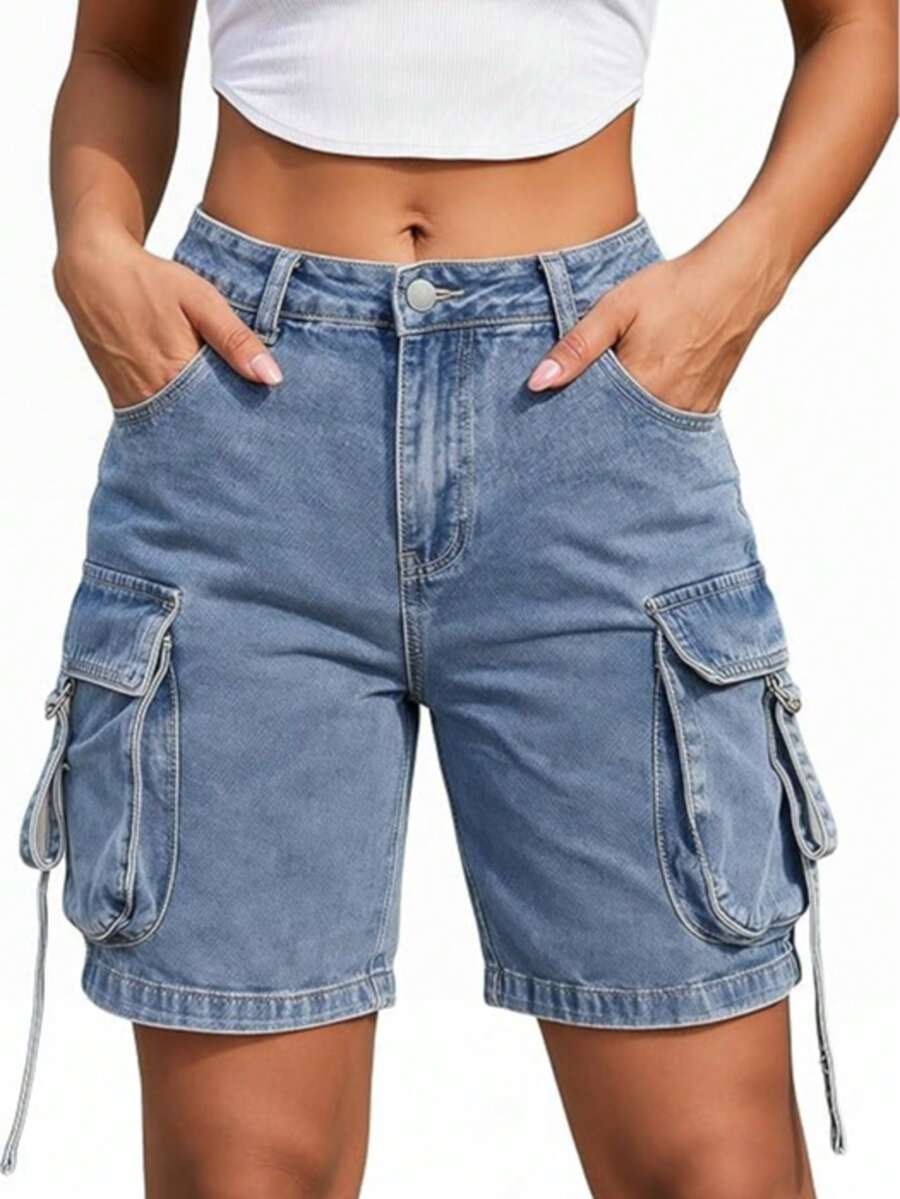 Y2K Streetwear High Waist Flap Pocket Belted Detail Cargo Bermuda Wide Leg Denim Shorts, Comfortable Summer Shorts Casual - 藍色 - 查看 1