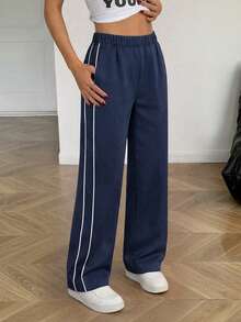 1 pieza Pantalones de pierna recta simples, casuales y versátiles para niña preadolescente, para ejercicio, exterior, primavera, verano, otoño, invierno, regreso a la escuela - Azul Marino - Ver 3