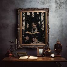 1 Stück Leinwand Wandkunst, gerahmte Wanddekoration, Dark Academia Gothic Lolita Mädchen beim Lesen Leinwandgemälde Vintage Ölgemälde, atmosphärisches schwarzes Rosen-Kerzen-gestreifter Hintergrund ungerahmtes Poster, ästhetischer dekorativer Wanddruck, geeignet für moderne Heimdekoration, Raumdekoration, Wohnheimdekoration, Schlafzimmerdekoration, Wohnzimmerdekoration, Badezimmerdekoration, Küchendekoration - Lesendes Mädchen - Übersicht 10