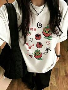 日式女款寬鬆休閒圓領卡通番茄水果印花短袖T恤，春夏，白色 - 白色 - 查看 10