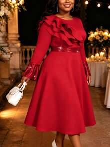 AOMEI Plus Size Women's Elegant Luxurious Red Mid-Length A-Line Dress, Long Flared Sleeve Design, Round Neck With Ruffle Trim, Suitable For Wedding, E - Red - View 5