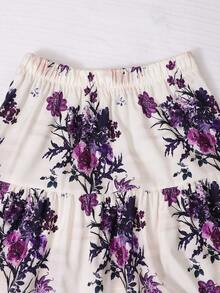 Spring/Summer Bohemian Vacation Style Ditsy Floral Elastic Waist A-Line Maxi Skirt, Country Style Ditsy Floral Elastic Waist A-Line Maxi Skirt - Purple - View 4