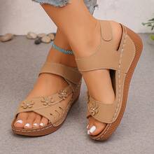 Country Style 3D Floral Wedge Sandals, Hook & Loop Back Strap Soft Sole Comfortable Commuter Mom Sandals - Mocha Brown - View 6