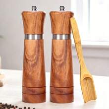 2件套相思木盐和胡椒研磨器套装，胡椒研磨器和盐瓶配竹勺 - 可重复填充的香料和盐容器，可调节粗细的手动胡椒研磨器和盐研磨器，厨房研磨工具（8英寸/10英寸） - 彩色 - 查看 2
