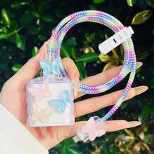 5件組充電器保護套 雷射效果蝴蝶卡通裝飾，適用於 (20W/18W) 充電器組，可愛粉色繽紛線材保護套，完美節日禮物 - 彩色 - 查看 3