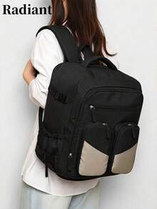 Women's Colorblock Nylon Multi-Pocket Casual Backpack, Suitable For School, Travel, Work (Back To School Backpack) - Black - View 7