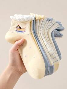 5 Pairs Women's Cute Sweet Breathable Cartoon Puppy Striped Pattern Short Invisible Socks, With Ruffle Ankle Socks, Boat Socks, Ruffle Socks, White Socks, Yellow Socks, Student Socks, Random Color, Suitable For Daily Casual, Suitable For Spring And Summer Seasons, All Season Wear - Multicolor - View 2