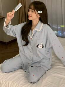 2pcs Women's Pajama Set, Open Front With Pocket, Cute Puppy Print, Fashionable Lapel Long Sleeve & Long Pants, Comfortable For Home Wear - Blue - View 10