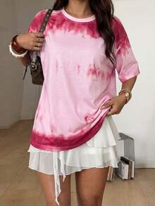 Women's Round Neck Short Sleeve Gradient Color T-Shirt Loose Fit Fashion Versatile Casual Summer New Top - Pink - View 2