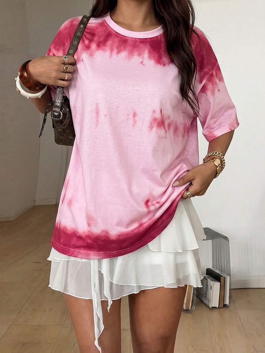 女款圓領短袖漸層色T恤 寬鬆版型 時尚百搭休閒夏季新款上衣 - 粉色 - 查看 1