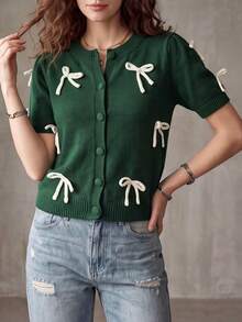 Women's Round Neck Bow Short Sleeve Cardigan With Fabric Buttons | 2026 Spring/Summer New Arrival | Elegant Fashion Versatile Daily Wear - Green - View 2