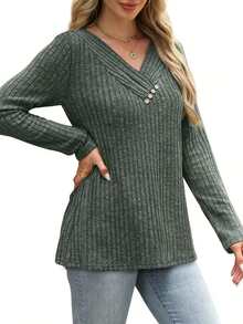 Women's Casual Long Sleeve V-Neck Button-Up Sweater Shirt, Autumn/Winter Fashion Pullover Top - Green - View 4