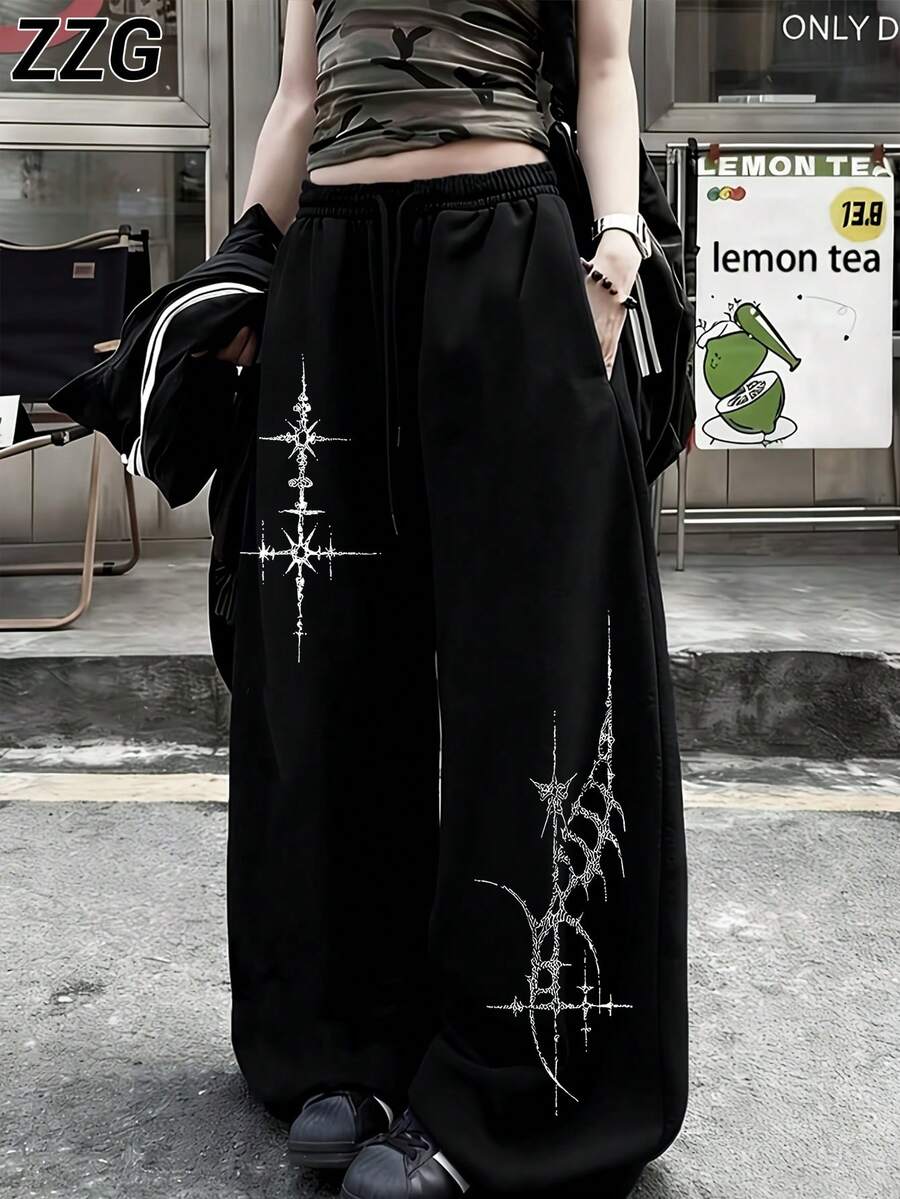 ZZG 春夏女款「十字圖案」印花街頭風黑色前口袋簡約時尚日常寬鬆抽繩長褲 - 黑色 - 查看 1