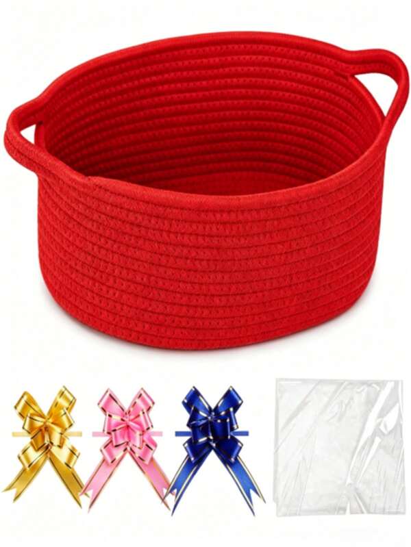 1 Set Woven Hand Basket (With Gift Bag And Ribbon), Multi-Color Woven Storage Basket, Desktop Organizer Basket With Handle, Suitable For Cosmetics, Books, Jewelry, Home Decor And Multi-Functional Kitchen Bathroom Storage Rack, Sturdy Handle Basket, Bathroom Storage Basket, Baby Toy Box
