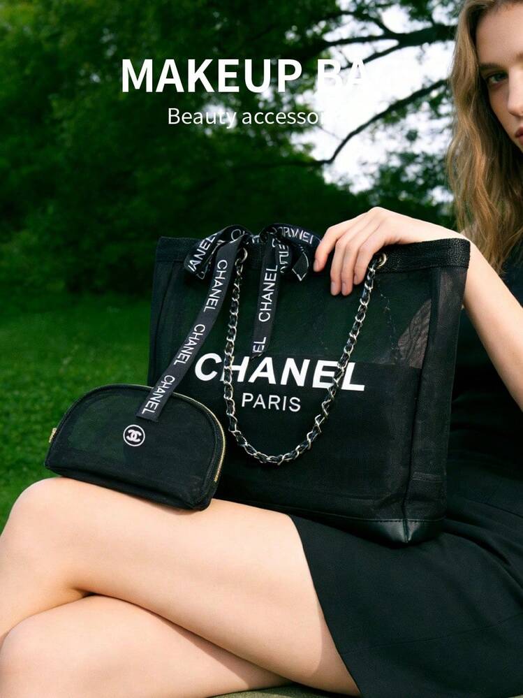 CHANEL メッシュ大容量トートバッグ チェーンショルダー ロゴ入り