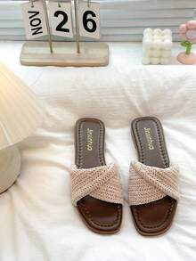 Women's Thick Sole Square Toe Woven Slides, Summer Outdoor French Vacation Style Elegant Sandals - Beige - View 2
