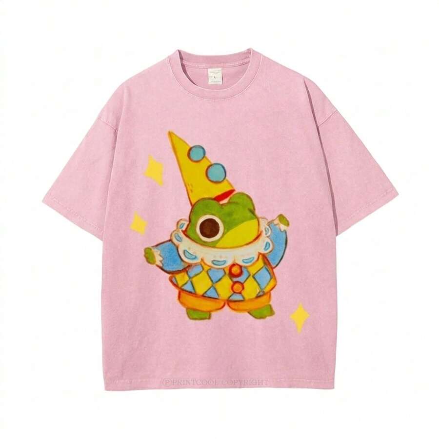 Summer Tops 100% Cotton, Funny Clown Frog Print T-Shirt, Suitable For Daily Wear, A Must-Have For The Beach, Cute Cartoon Pattern, Unisex, Perfect Gif - 粉色 - 查看 1