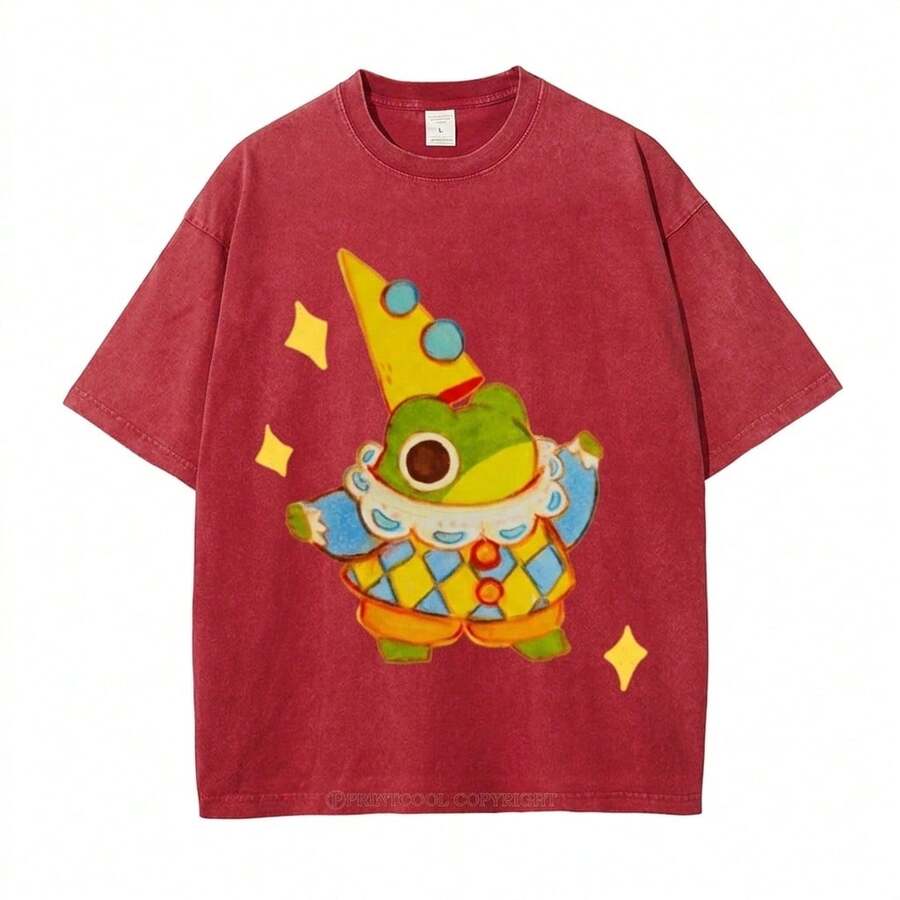 Summer Tops 100% Cotton, Funny Clown Frog Print T-Shirt, Suitable For Daily Wear, A Must-Have For The Beach, Cute Cartoon Pattern, Unisex, Perfect Gif - RE01 - 查看 1
