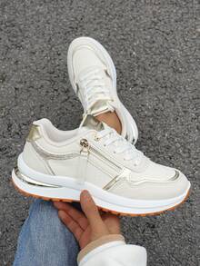 Flipark (Se sugiere elegir una talla talla grande grande) Zapatillas deportivas para mujer Zapatillas deportivas gruesas Zapatillas deportivas gruesas Zapatillas deportivas con plataforma Zapatillas deportivas retro Zapatillas deportivas de malla Zapatillas deportivas casuales - Dorado - Ver 3