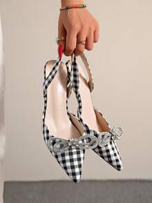 Rhinestone Bow Pointed Toe Stiletto High Heel Sandals For Women, Plaid Backless Sexy Date Commute Party - Black and White - View 2