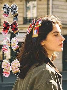 Custom Back To School Girls' Bow Hairclips, Leopard Print & Plaid Pencil Pattern Printed Hair Clips - Multicolor - View 1