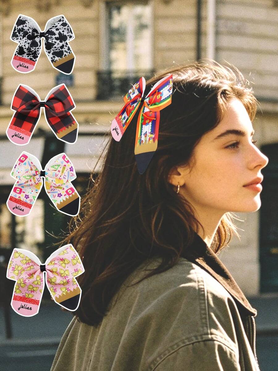 Custom Back To School Girls' Bow Hairclips, Leopard Print & Plaid Pencil Pattern Printed Hair Clips - Multicolor - View 1