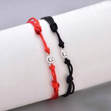 1pc S925 Sterling Silver Zirconia Star & Moon Pendant Red & Black Adjustable Wax Cord Bracelet Romantic Niche Couple Best Friend Thin Bracelet - Silver - View 2