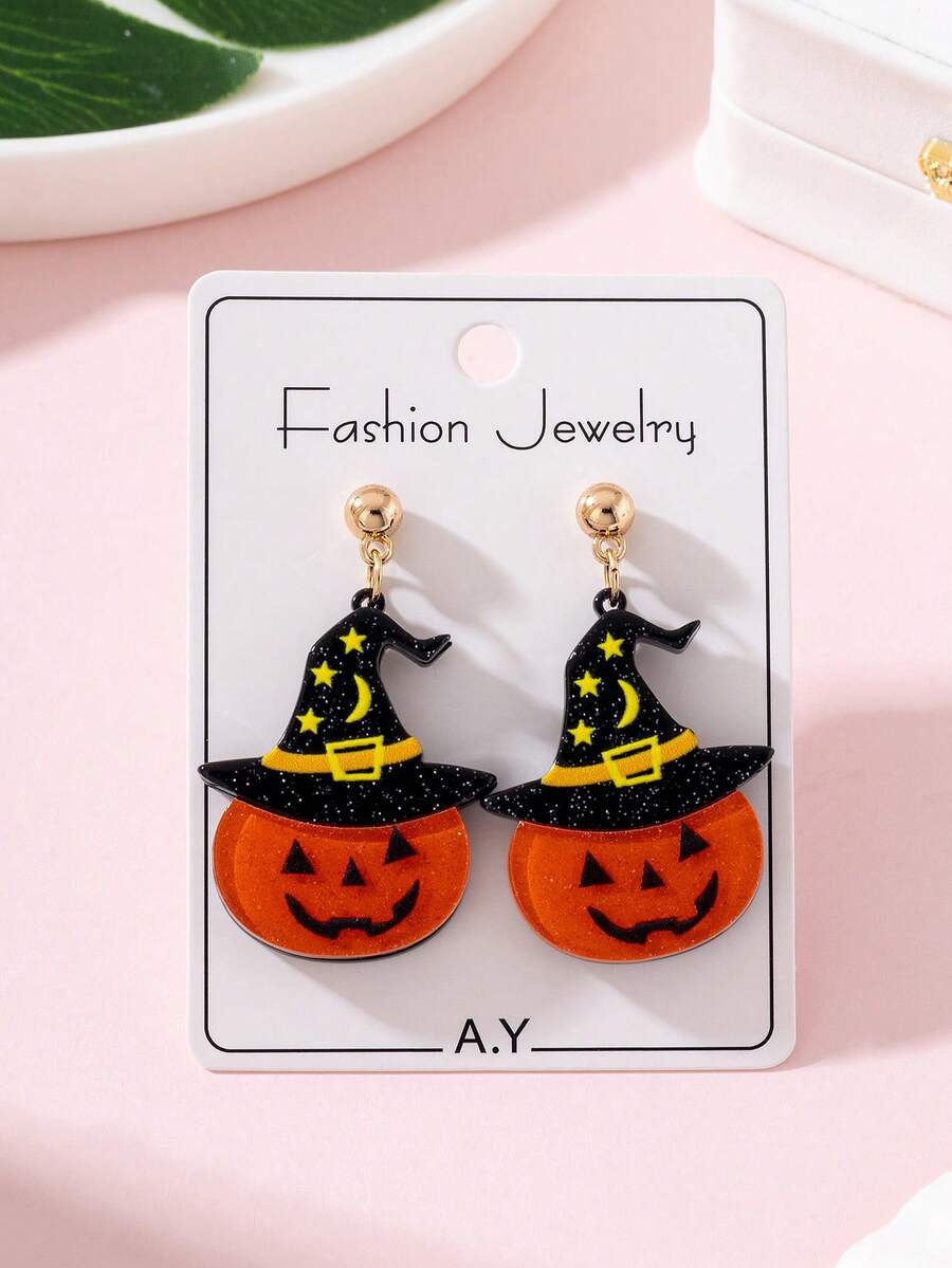 1 Pair Halloween Shiny Witch Hat & Pumpkin Patchwork Design Women's Fashion Jewelry Earrings, Perfect Gift For Holiday Parties - Multicolor - View 1