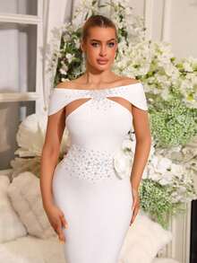 Nuevo vestido de lujo para mujer con cuentas pesadas y adornos de strass, vestido largo negro sexy con cuello asimétrico y corte asimétrico - Blanco - Ver 3