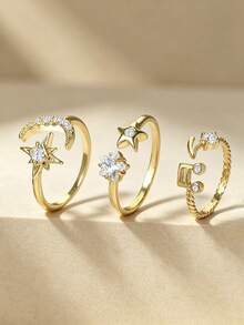 3pcs Women's Fashion Elegant Star Moon Musical Note Inlaid Cubic Zirconia Ring Jewelry Set, Suitable For Wedding, Dating, Holiday Gift And Other Romantic Occasions - 3 Pieces - View 2