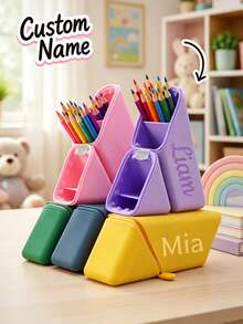Personalized Pencil Case, Customized Name Stationery Bag, Customized Name Pencil Bag, Washable Upright Silicone Pencil Bag, Jelly Pencil Bag, Silicone Zipper Bag, Back To School Gift - Multicolor - View 1